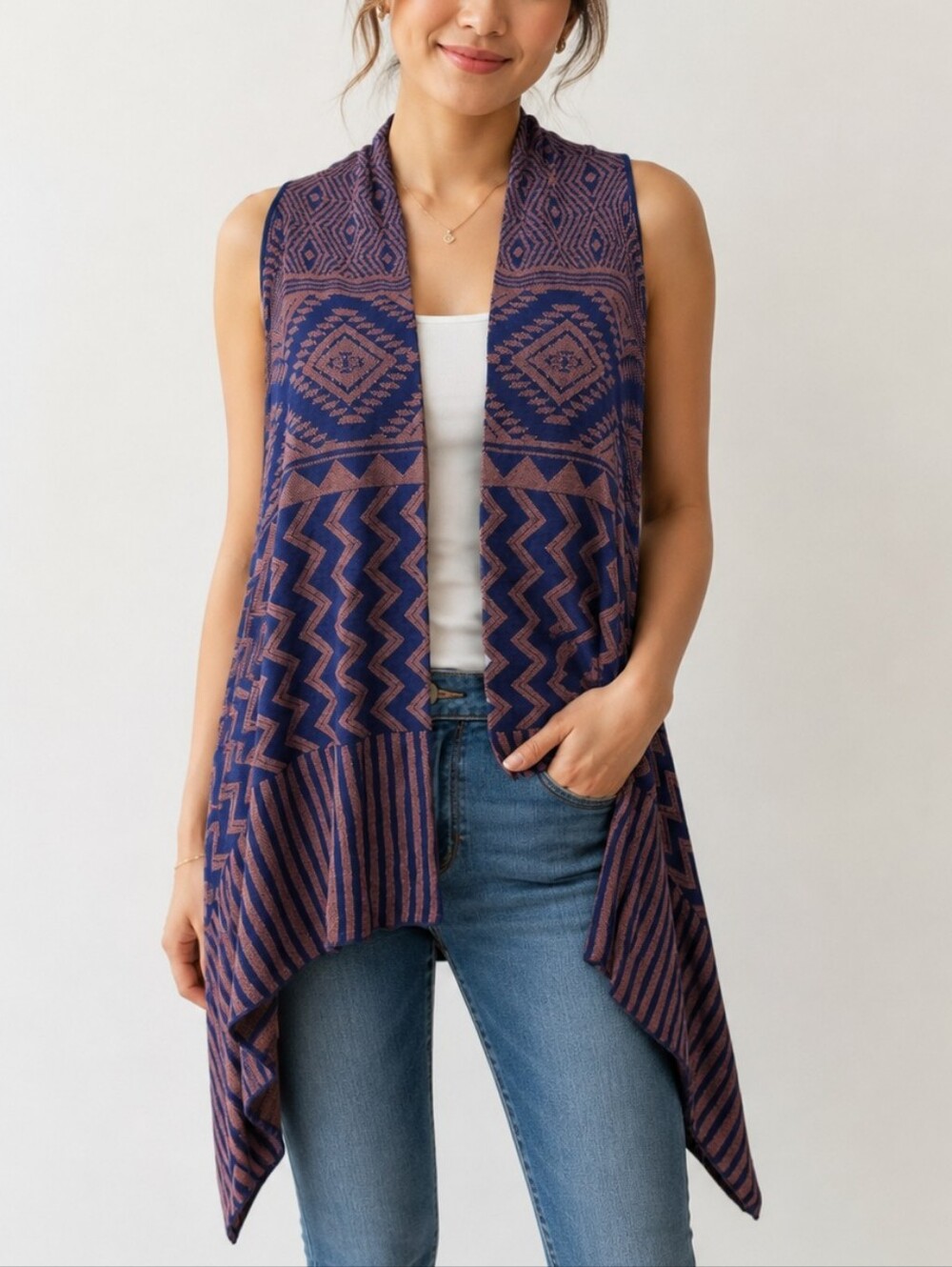 Como Vintage XL Boho Geometric Open Front Waterfall Flowy Vest Bohemian